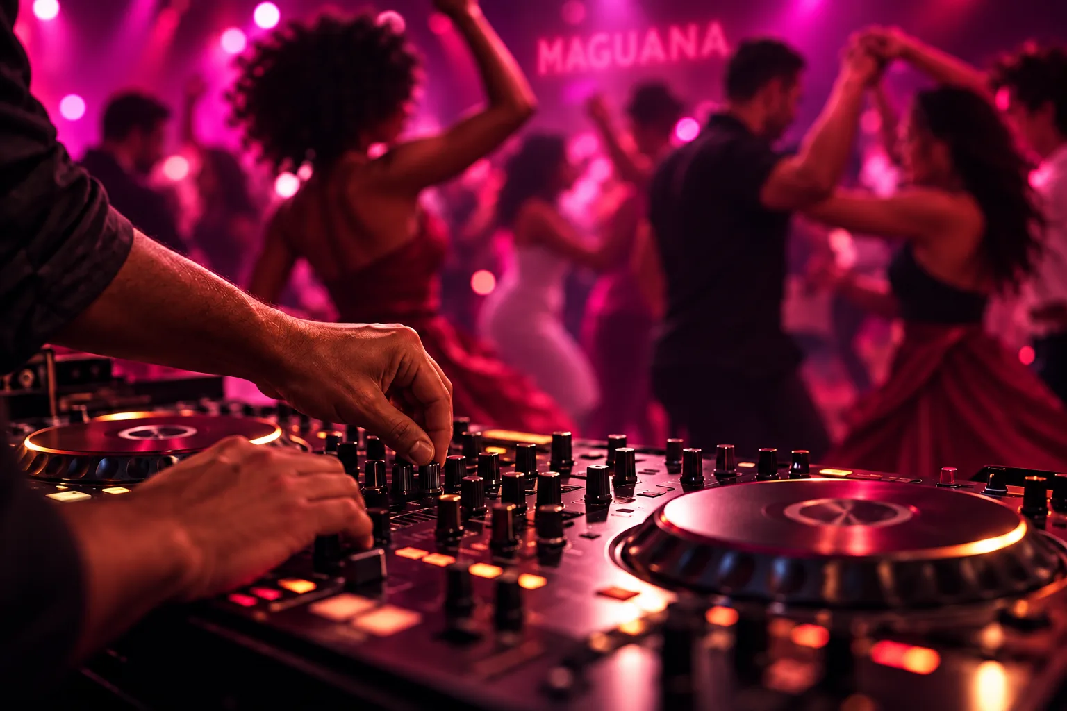 DJ en cabina con la pista de salsa llena en Maguana Club