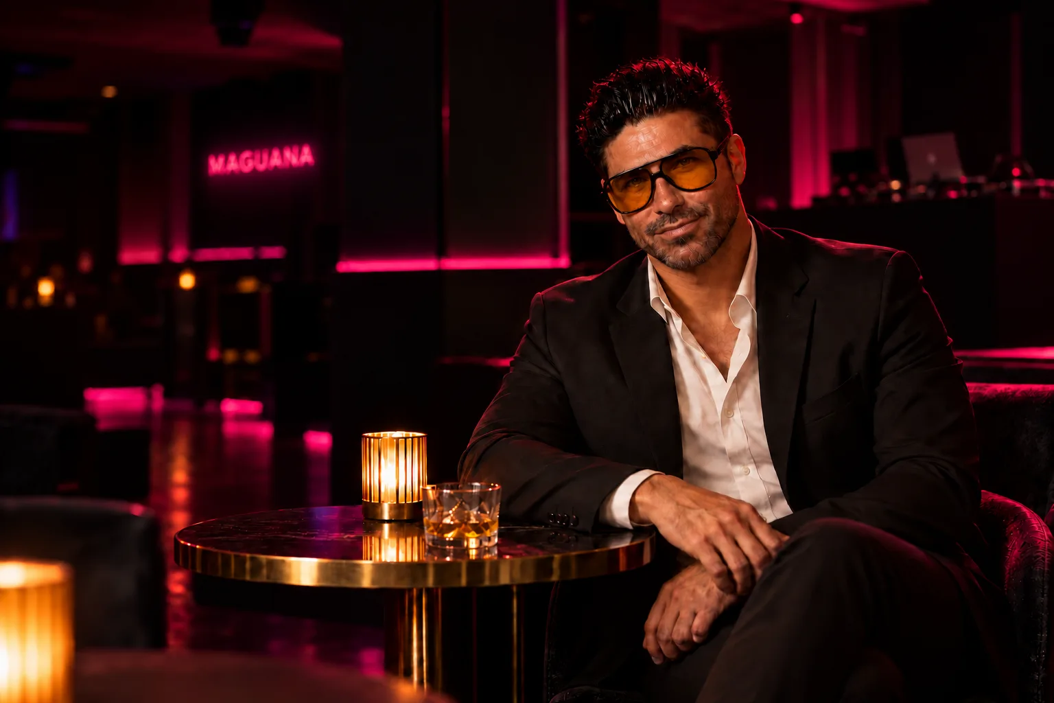 Mesa con vela y copa en el ambiente elegante de Maguana Club