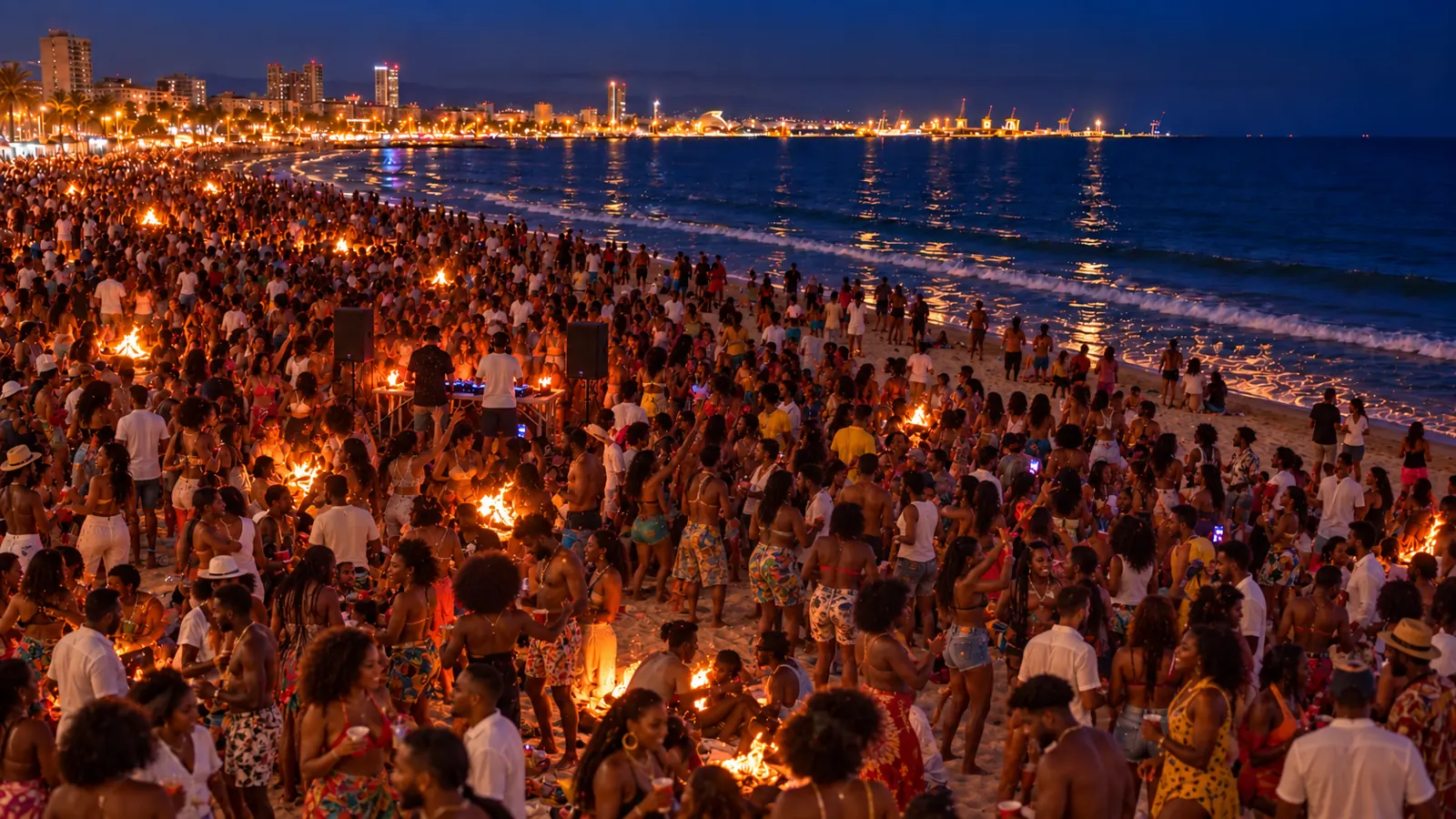 Fiesta de salsa de noche en una playa de Valencia, con hogueras y el puerto al fondo
